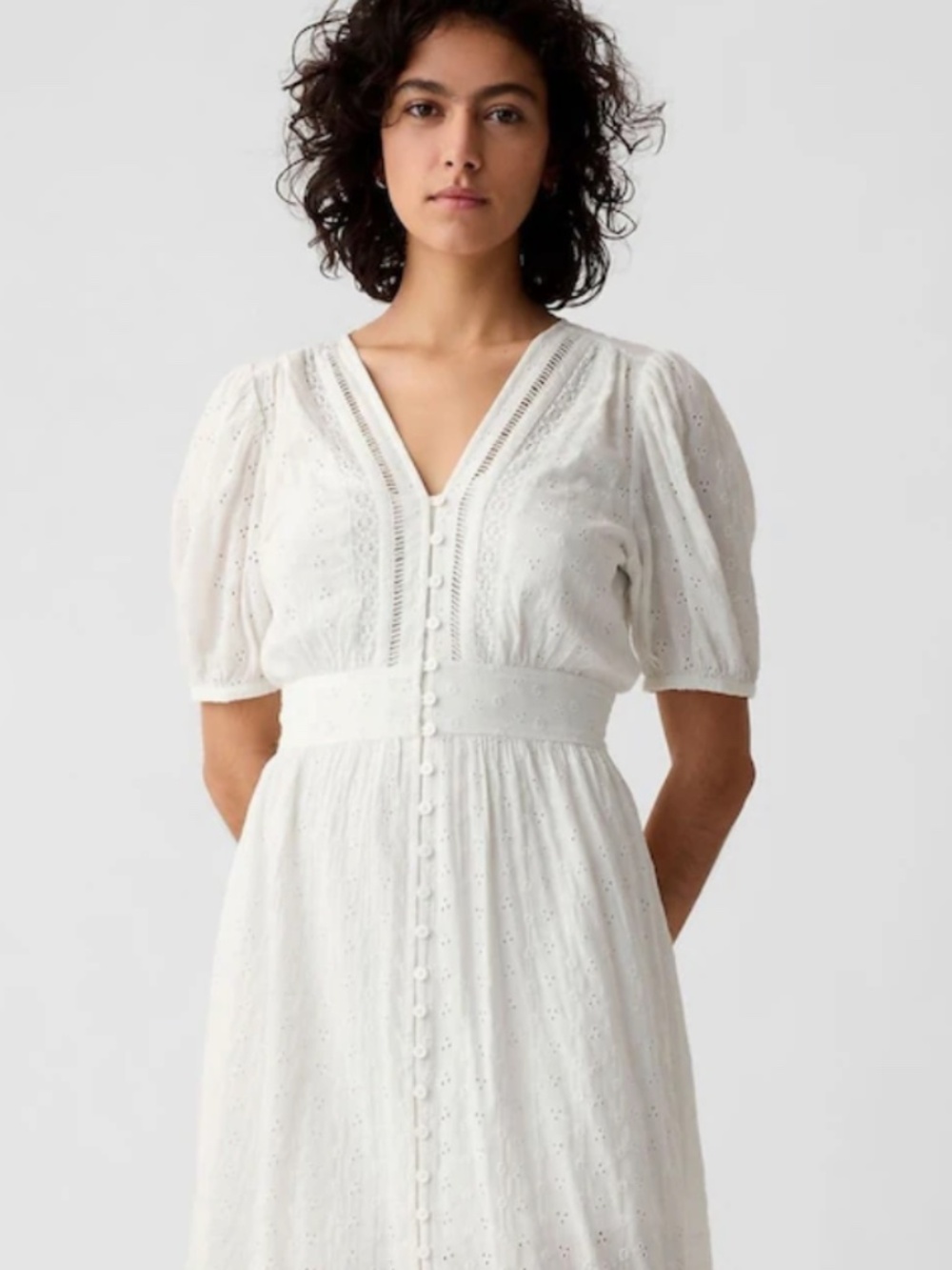 Gap White Puff Sleeve Eyelet Midi Dress Button Front Broderie Size Medium (Q) - Picture 3 of 8